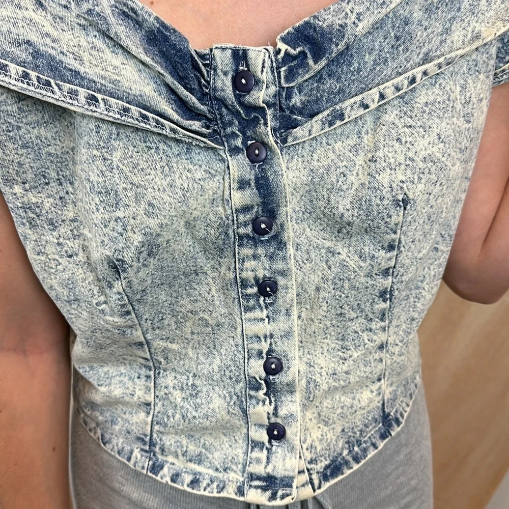 Vintage 80s Acid Wash Denim Off Shoulder Crop Top M - Picture 3 of 8